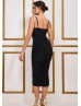 Black Jersey Cutout Midi Party Dress With Drawstring